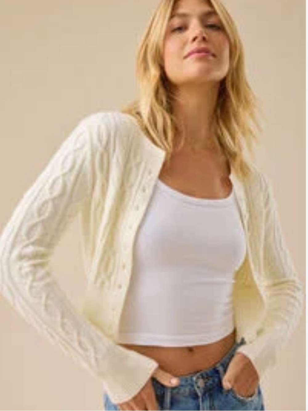 Altar'd State Cream Cable Knit Cropped Button Cardigan (Size Medium)